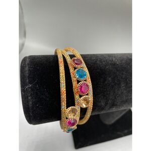 Gold Tone Mesh Triple Strand Multi Color Crystal Cuff Bracelet Rainbow Jewelry